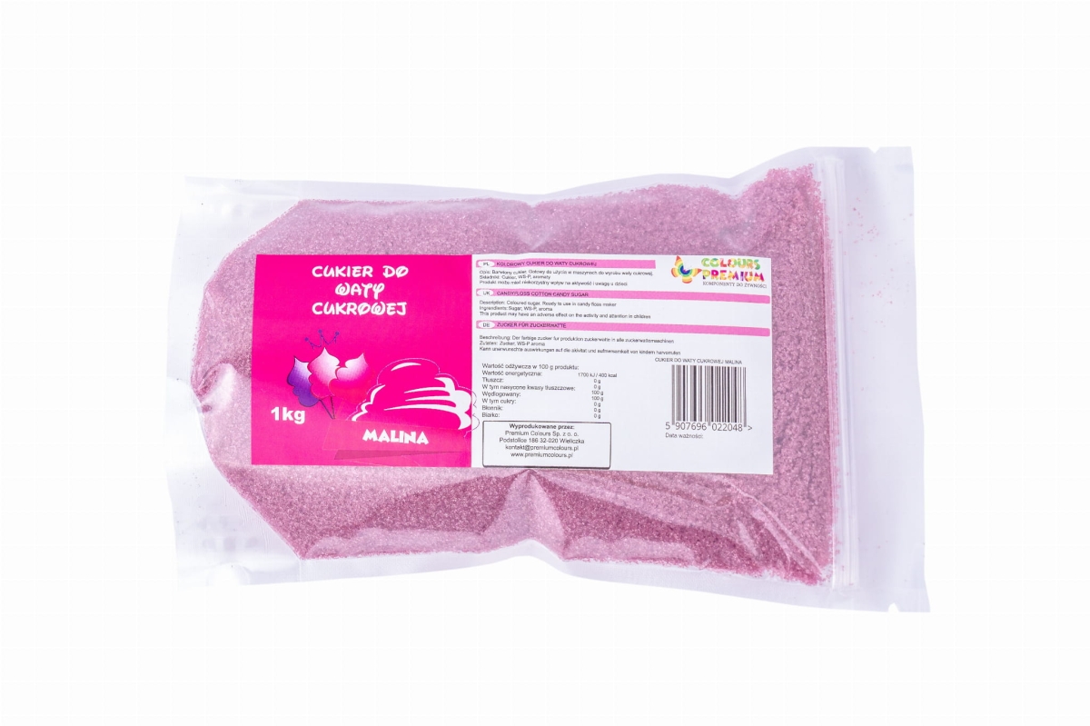 Cukier do waty cukrowej o smaku malinowym w 1 kg worku strunowym