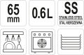Pojemnik GN 1/9 65 mm 0,6 l, ikony wymiarów, mycia i zastosowania YATO YG-00295