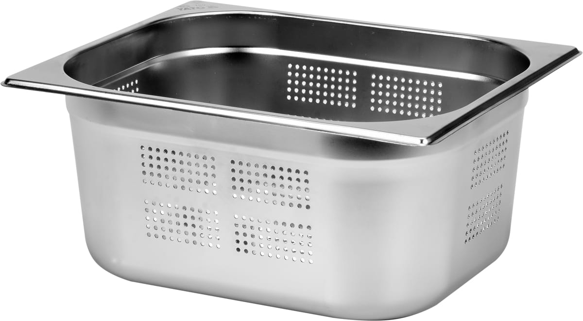 Pojemnik perforowany GN 1/2 ze stali nierdzewnej, widok z ukosa YATO YG-00357