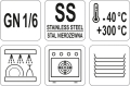 Oznaczenia GN 1/6, stal nierdzewna, zakres temperatur i symbole zmywarki YATO YG-00374