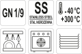 Oznaczenia GN 1/9, stal nierdzewna, zakres temperatur i symbole zmywarki i piekarnika YATO YG-00375