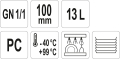 Ikony parametrów pojemnika GN 1/1, 100 mm, 13 l, PC, od -40 do +99 °C YATO YG-00391