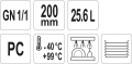 Oznaczenia pojemnika GN 1/1 wysokość 200 mm pojemność 25,6 litra zakres temperatur YATO YG-00393