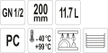 Ikony parametrów pojemnika GN 1/2, 200 mm, 11,7 L, PC, zakres temperatur, zmywarka YATO YG-00403