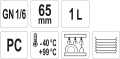 Oznaczenia pojemnika GN 1/6, wysokość 65 mm, pojemność 1 l, PC, zakres temperatur YATO YG-00425