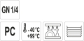 Oznaczenia GN 1/4, PC, zakres temperatur od -40 do +99 stopni, zmywarka YATO YG-00437