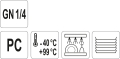 Oznaczenia GN 1/4, PC, zakres temperatur od -40 do +99 stopni i zmywarka YATO YG-00463