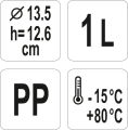 Oznaczenia pojemnika do żywności pojemność 1 L średnica 13,5 cm wysokość 12,6 cm PP YATO YG-00510