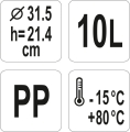 Pojemnik do żywności 10 litrów średnica 31,5 cm wysokość 21,4 cm PP YATO YG-00515