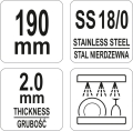 Tabliczka z parametrami szczypiec do pieczeni, stal nierdzewna SS 18/0, 190 mm, grubość 2,0 mm YATO YG-02730