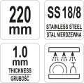 Szczypce do spaghetti tabela z wymiarami i oznaczeniami stali nierdzewnej SS 18/8 YATO YG-02732