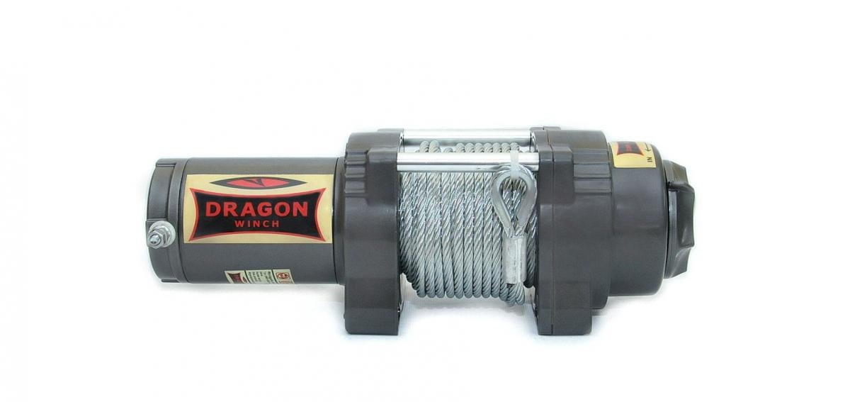 Wyciągarka linowa elektryczna z linką stalową, widok z przodu i z boku DRAGON WINCH