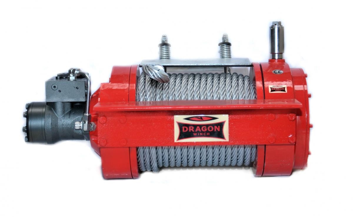 Wyciągarka hydrauliczna czerwona z linką stalową, widok z boku DRAGON WINCH