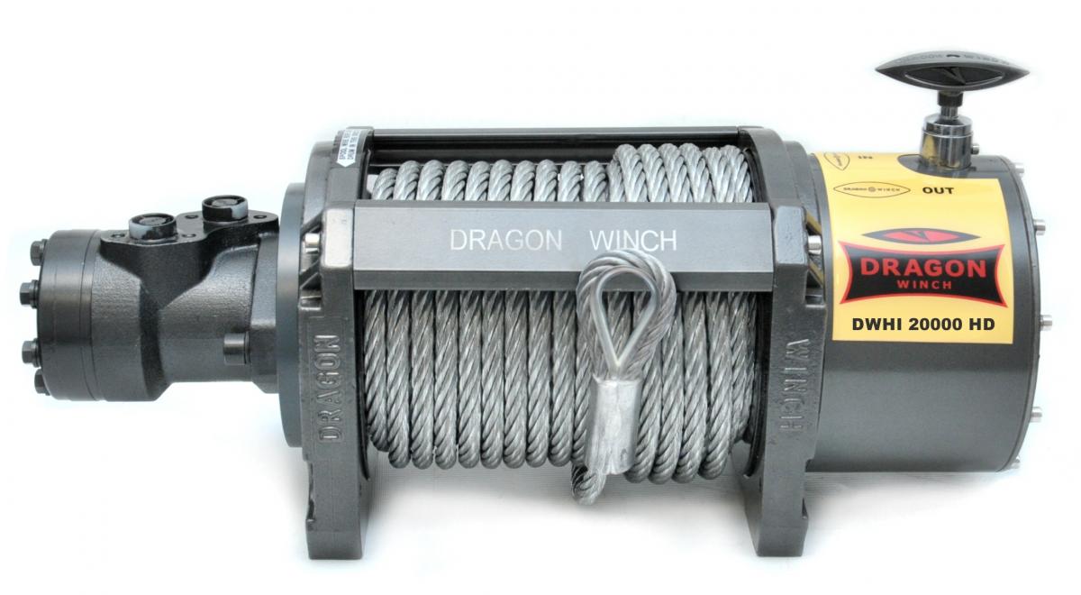 Wyciągarka hydrauliczna z liną stalową, widok z przodu i boku DRAGON WINCH