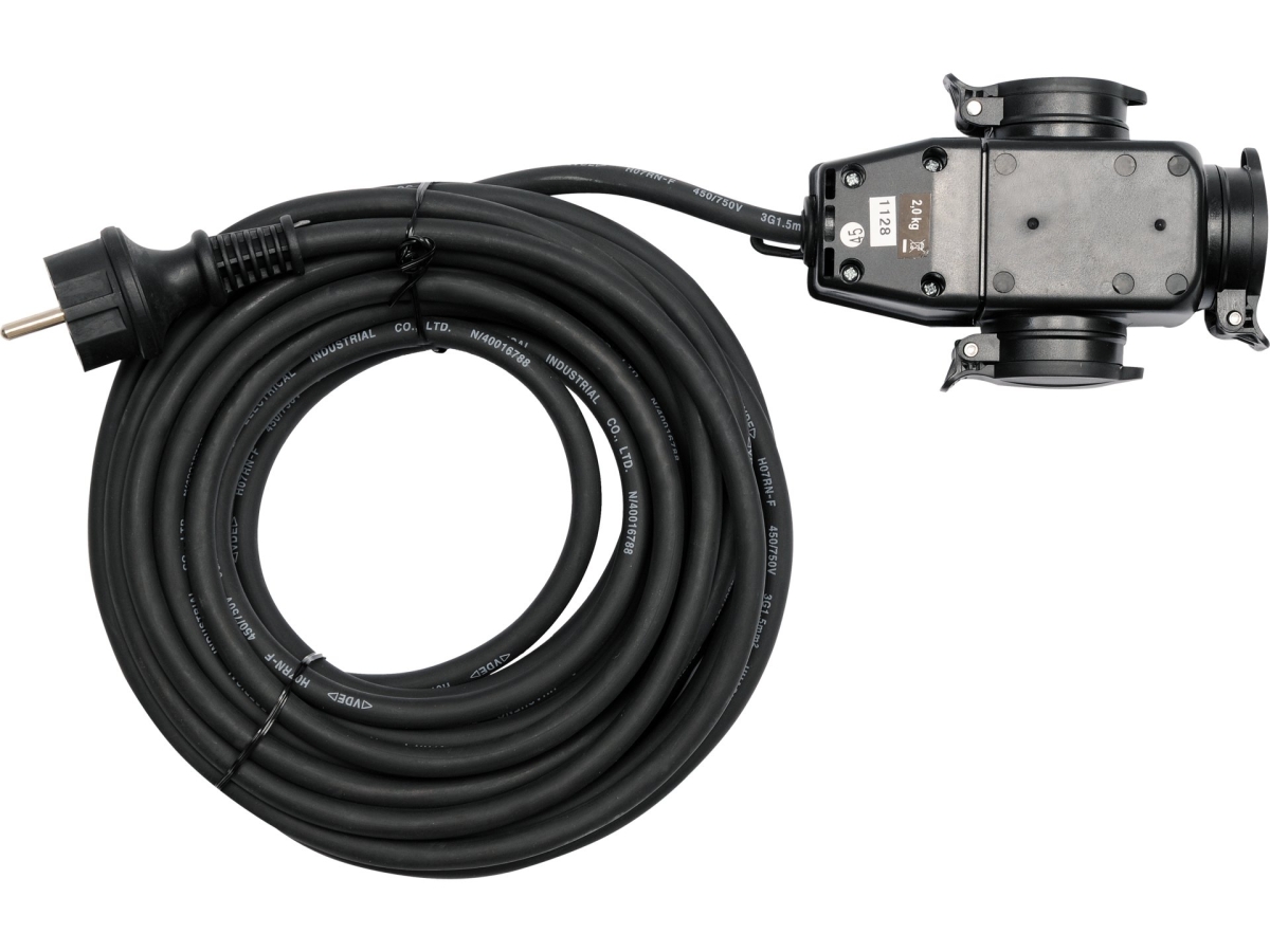 Przedłużacz gumowy ogrodowy czarny zwinięty kabel z trzema gniazdami i wtyczką YATO YT-81162