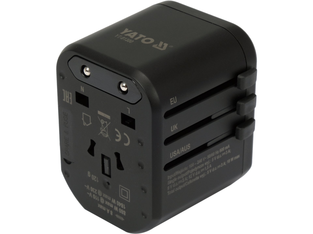 Adapter podróżny czarny z wtyczkami EU UK USA AUS z tyłu YATO YT-81300