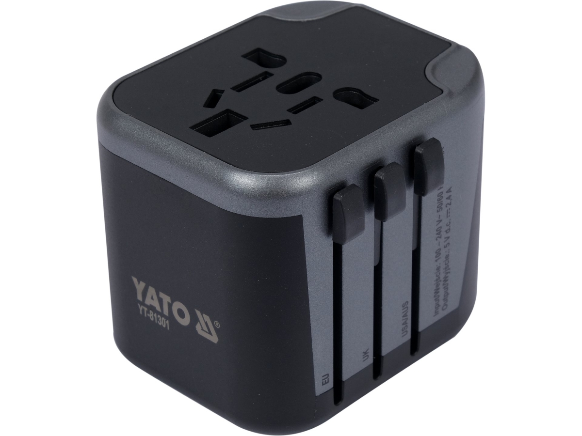 Adapter podróżny uniwersalny czarny z szarym wykończeniem, widok z przodu i z boku YATO YT-81301