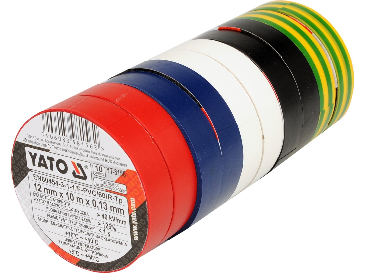 Taśma izolacyjna PVC mix kolorów 12 mm x 10 m zestaw 10 szt. ułożone rolki YATO YT-8156