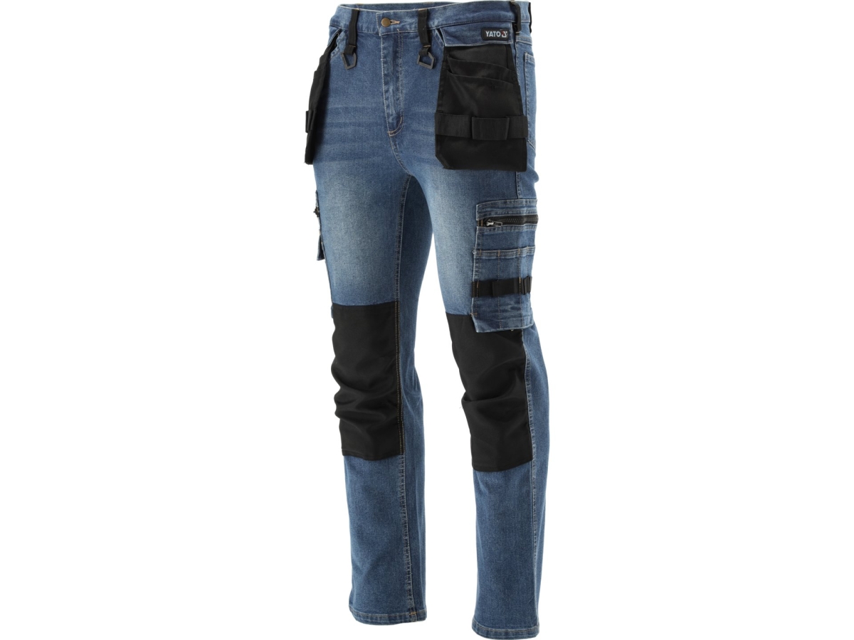Spodnie robocze jeans niebieskie z czarnymi wstawkami i kieszeniami widok z przodu YATO YT-79055