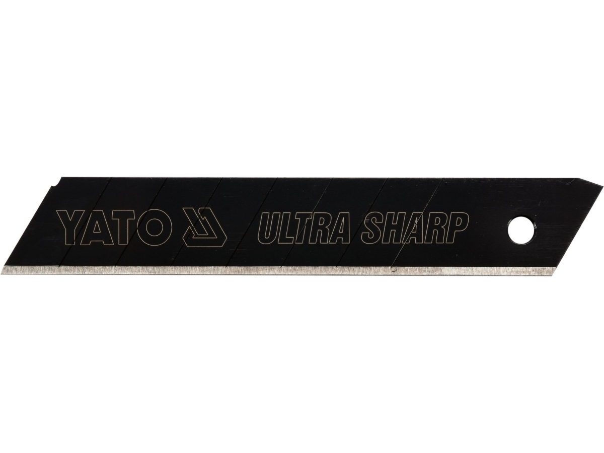 Ostrze zapasowe łamane 18 mm czarne, widok z boku, napis Ultra Sharp YATO YT-75261