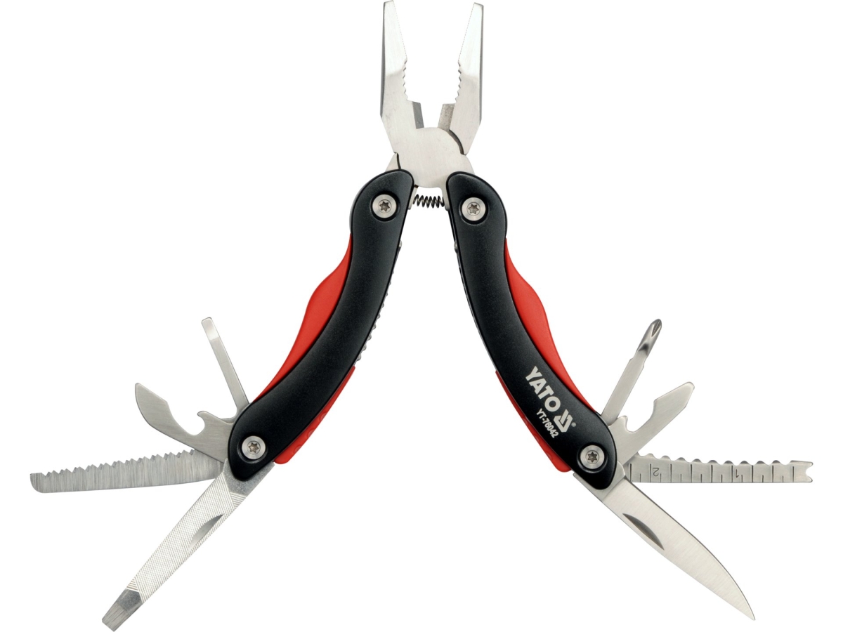 Multitool 9w1 z czerwono-czarnymi uchwytami i rozłożonymi narzędziami YATO YT-76042
