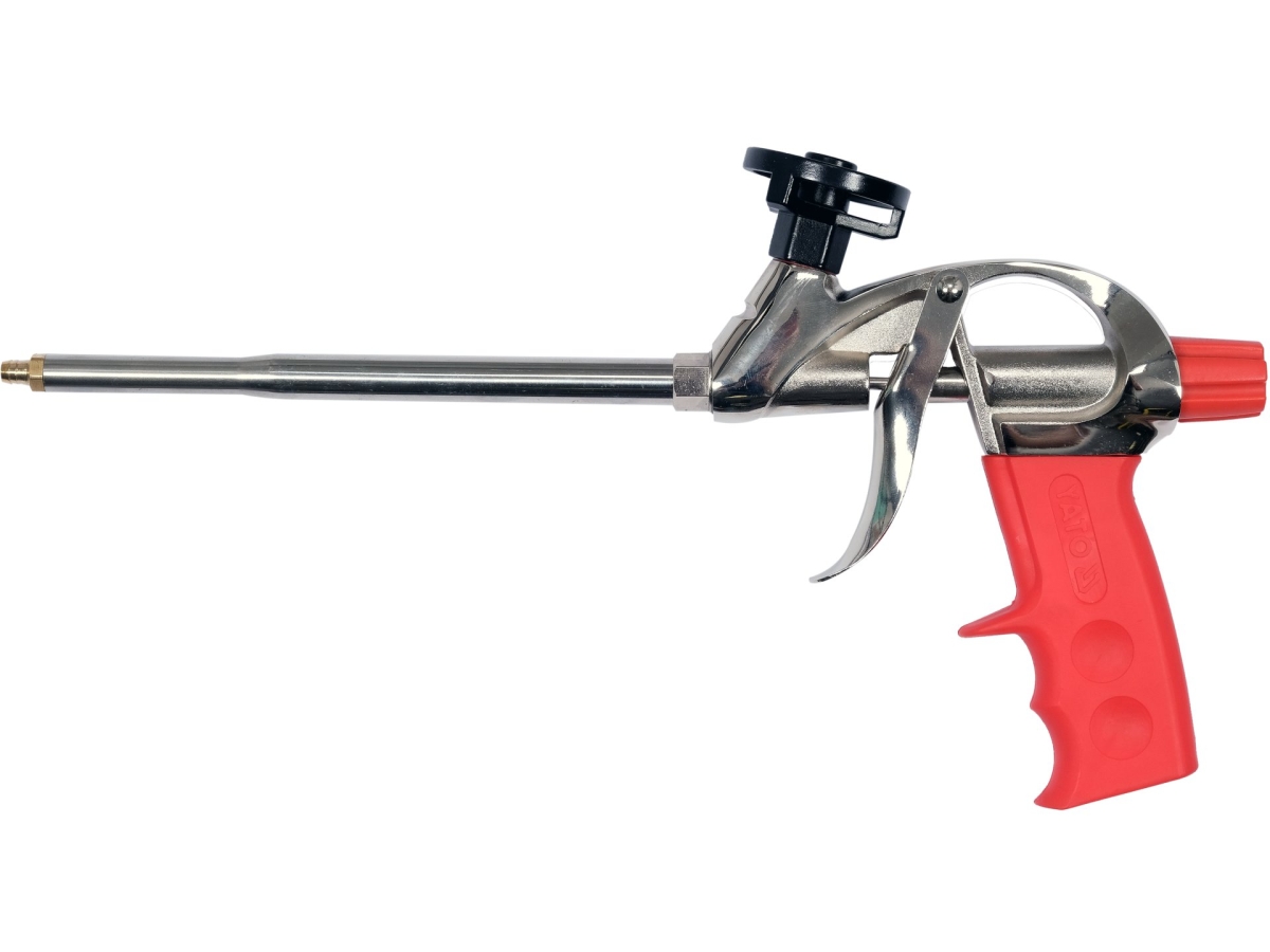 Pistolet do pianki montażowej w czerwono-srebrnej obudowie, widok z boku YATO YT-6740