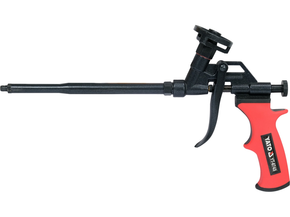 Pistolet do pianki montażowej w czerwono-czarnej obudowie z boku YATO YT-6743
