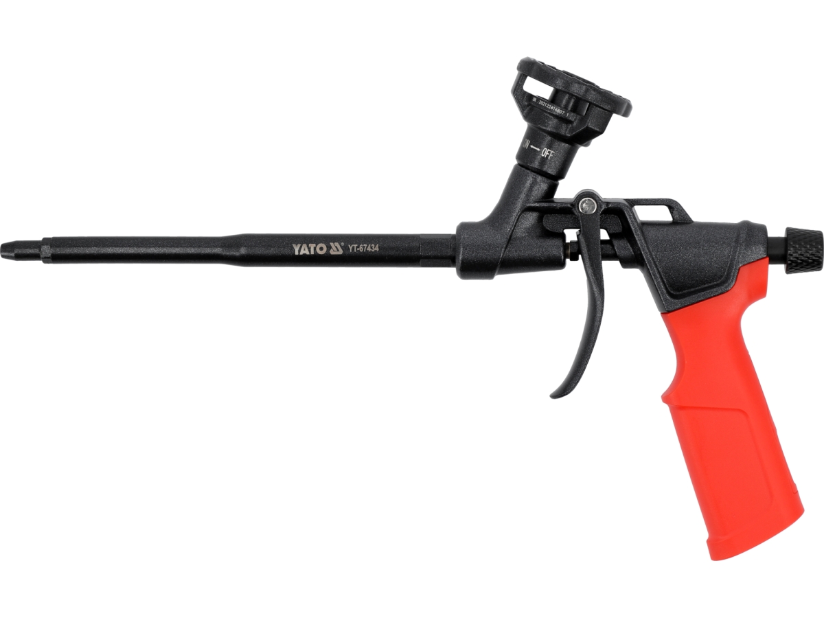 Pistolet do pianki montażowej czarny z czerwonym uchwytem widok z boku YATO YT-67434