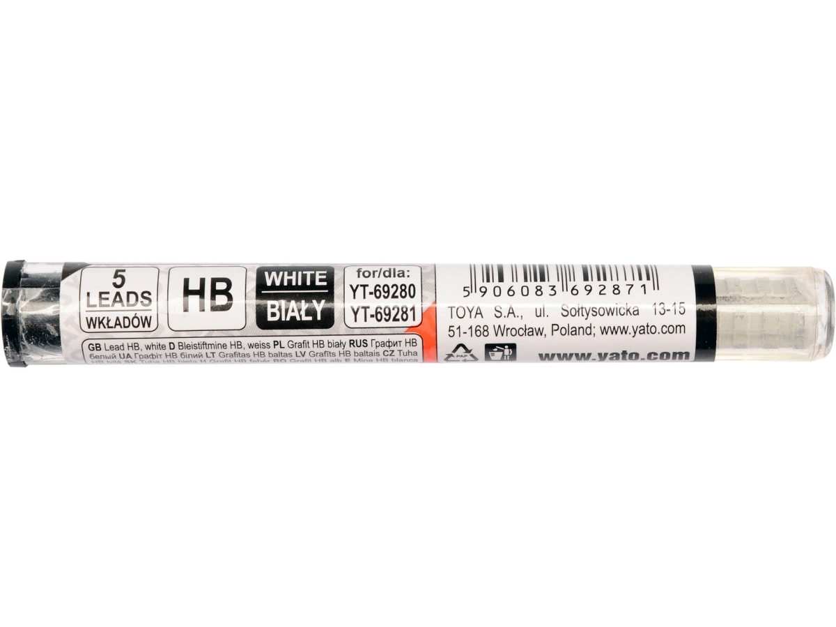 Rysiki grafitowe HB w tubie z 5 wkładami białymi do ołówka YATO YT-69287