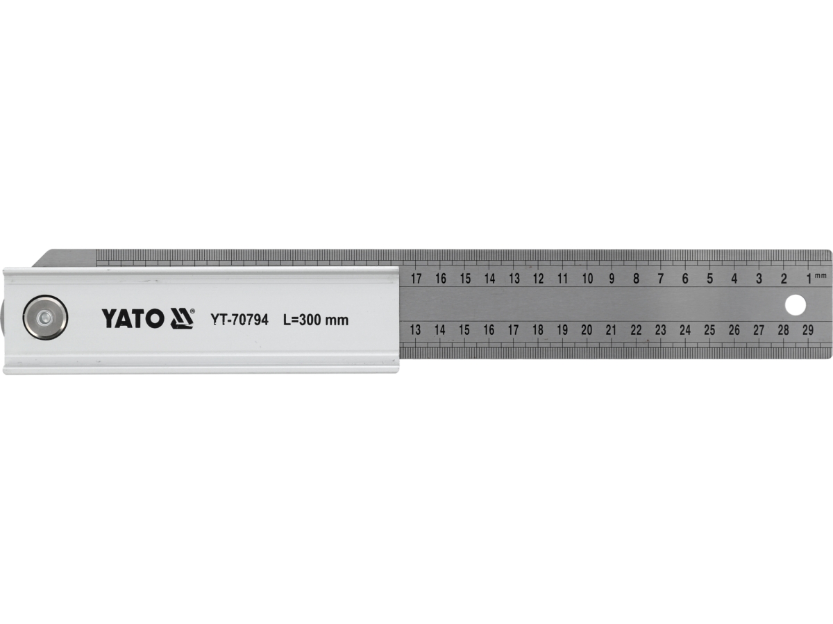 Kątownik nastawny aluminiowy ze stopką, widok z góry, stalowa linijka YATO YT-70794