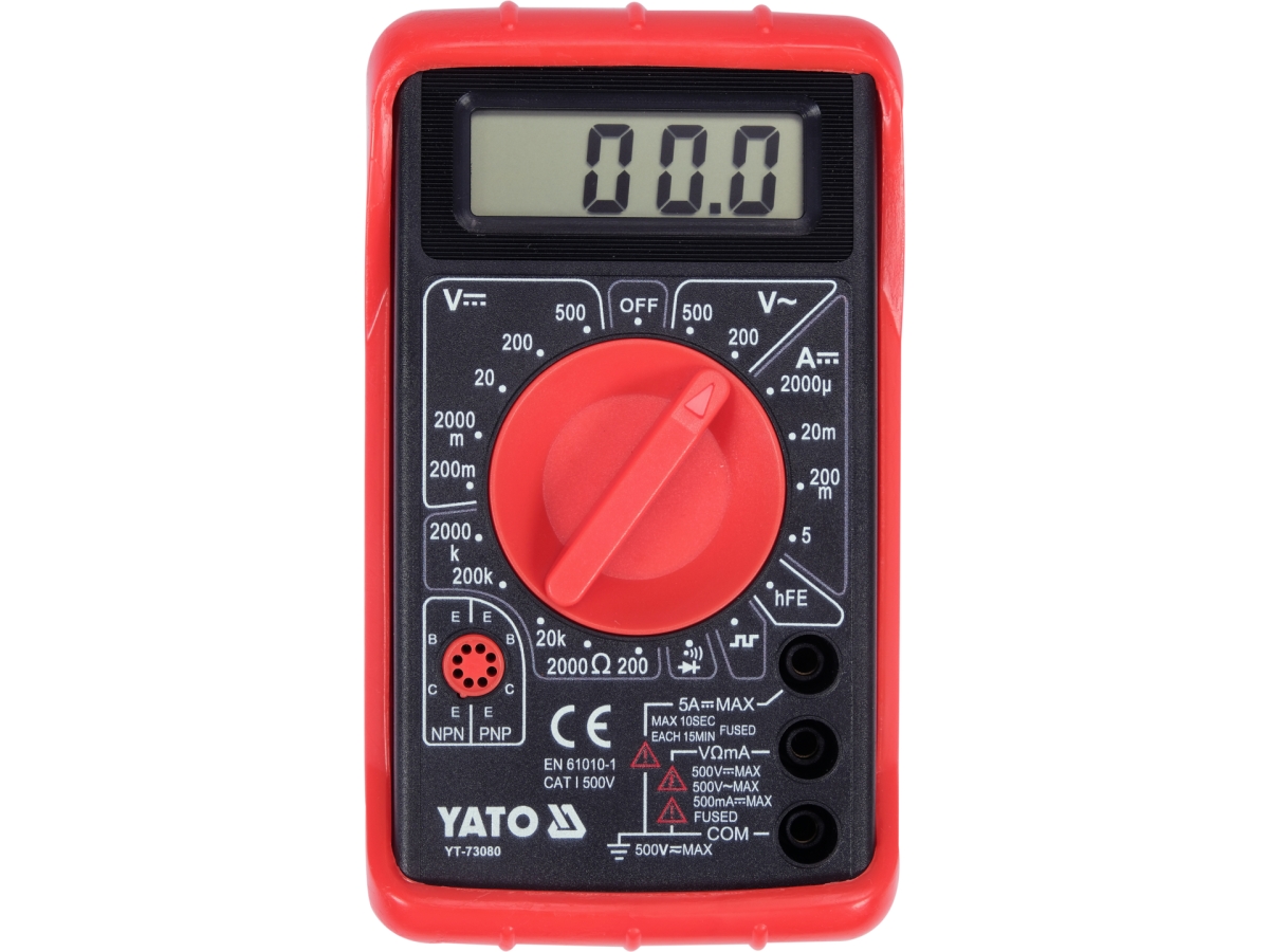 Multimetr cyfrowy z czerwonym pokrętłem, widok z przodu, wyświetlacz LCD YATO YT-73080