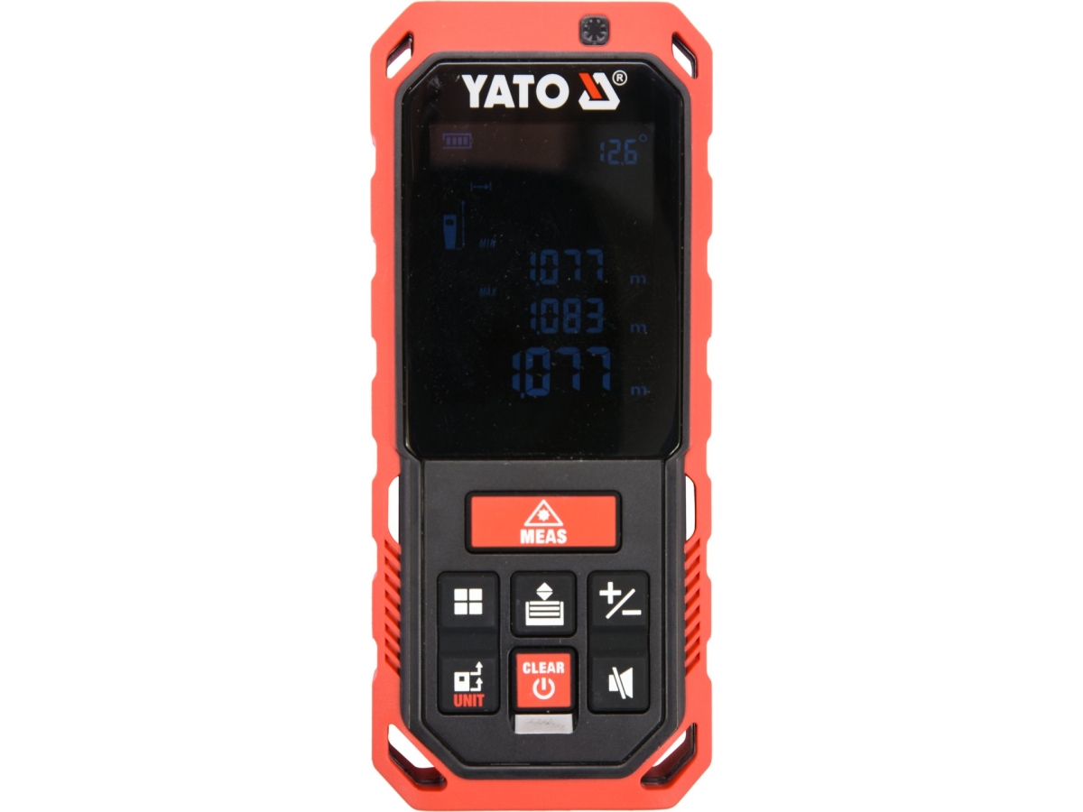 Dalmierz laserowy YATO z ekranem LCD i przyciskami, widok z przodu YT-73127