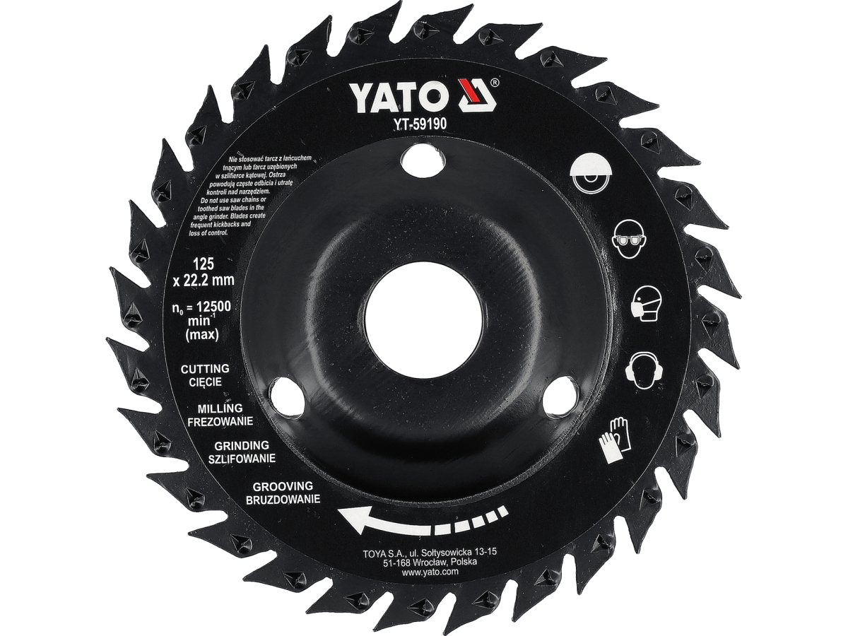 Tarcza tarnik z piłą do drewna, czarna, widok z przodu, otwór montażowy 22,2 mm YATO YT-59190