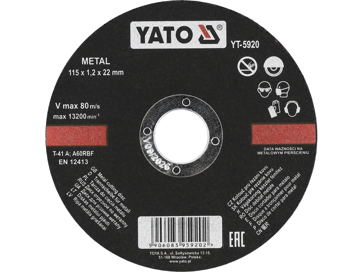Tarcza do cięcia metalu 115 mm, czarna, z opisem na etykiecie, widok z przodu YATO YT-5920
