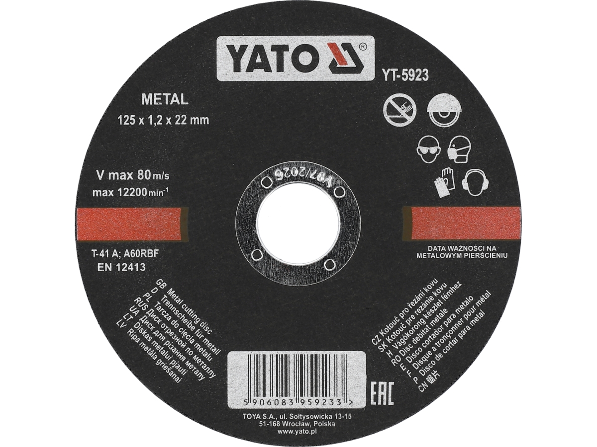 Tarcza tnąca do metalu 125x1,2 mm w czarnym kolorze z czerwonym paskiem na obrzeżu YATO YT-5923