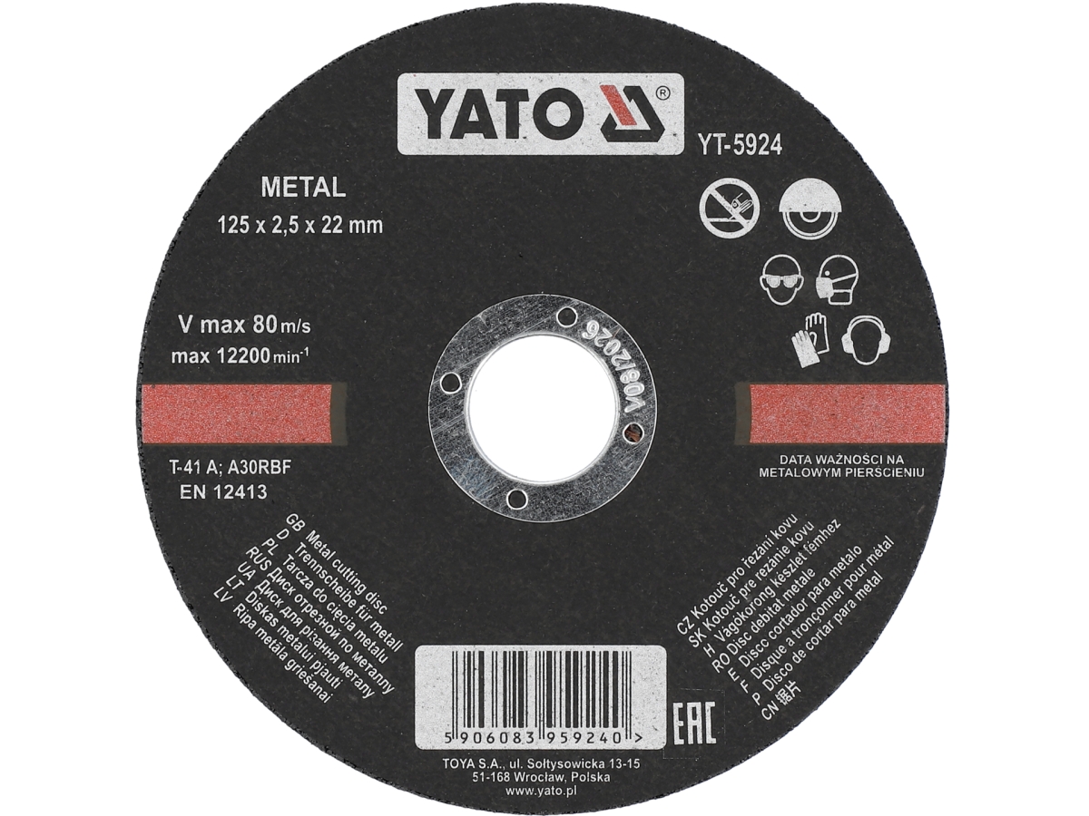 Tarcza do cięcia metalu 125x2.5 mm, czarna, ze stalowym centrum, widok z przodu YATO YT-5924