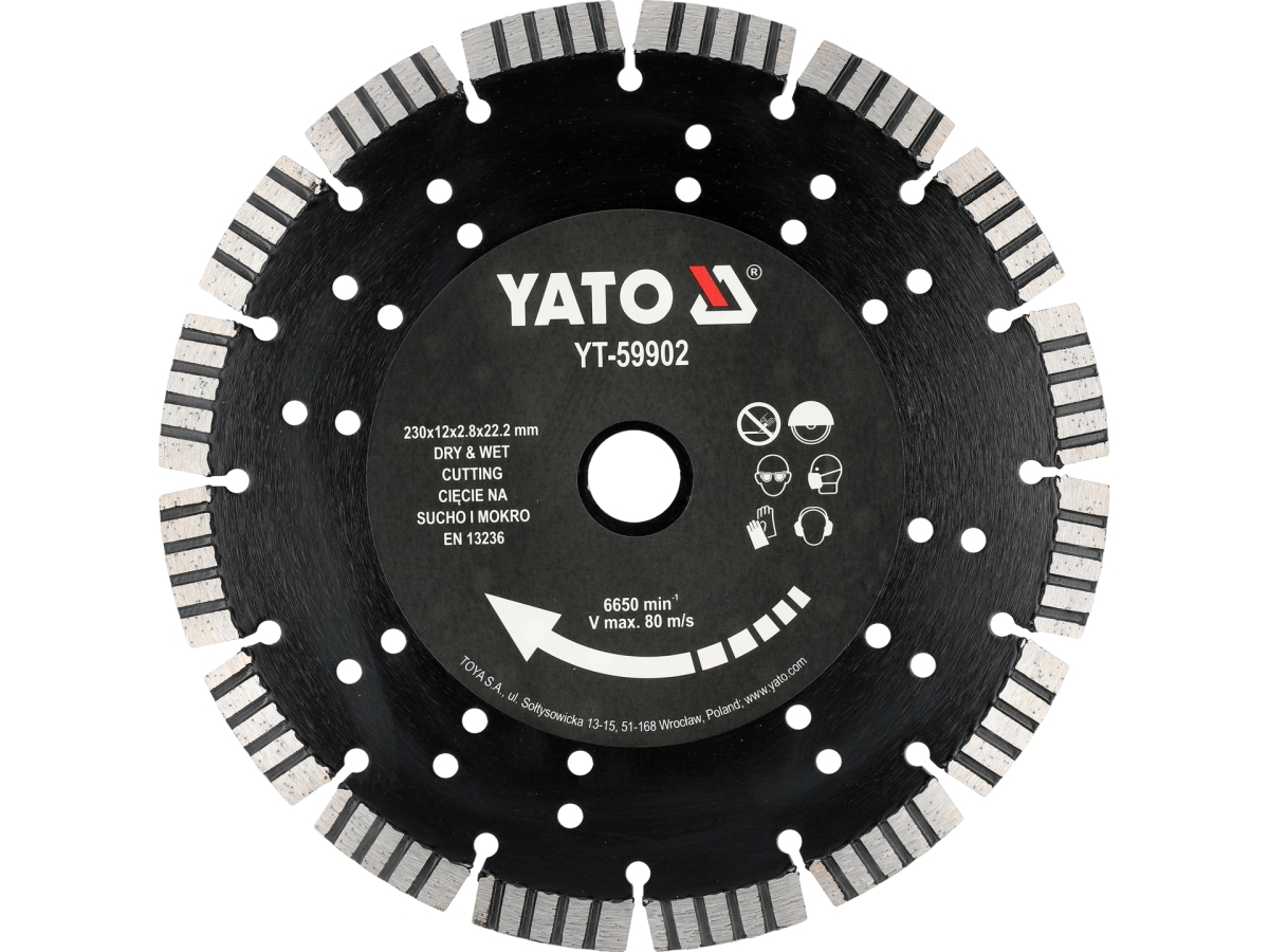 Tarcza diamentowa turbo do cięcia betonu, widok z przodu, czarna z segmentami YATO YT-59902