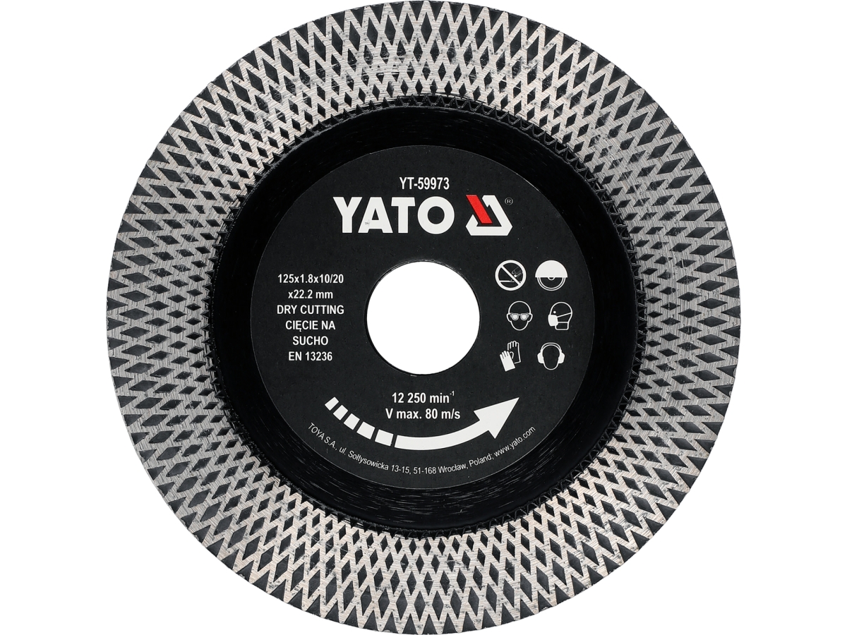 Tarcza diamentowa do cięcia gresu 125 mm, widok z przodu, czarno-srebrna YATO YT-59973