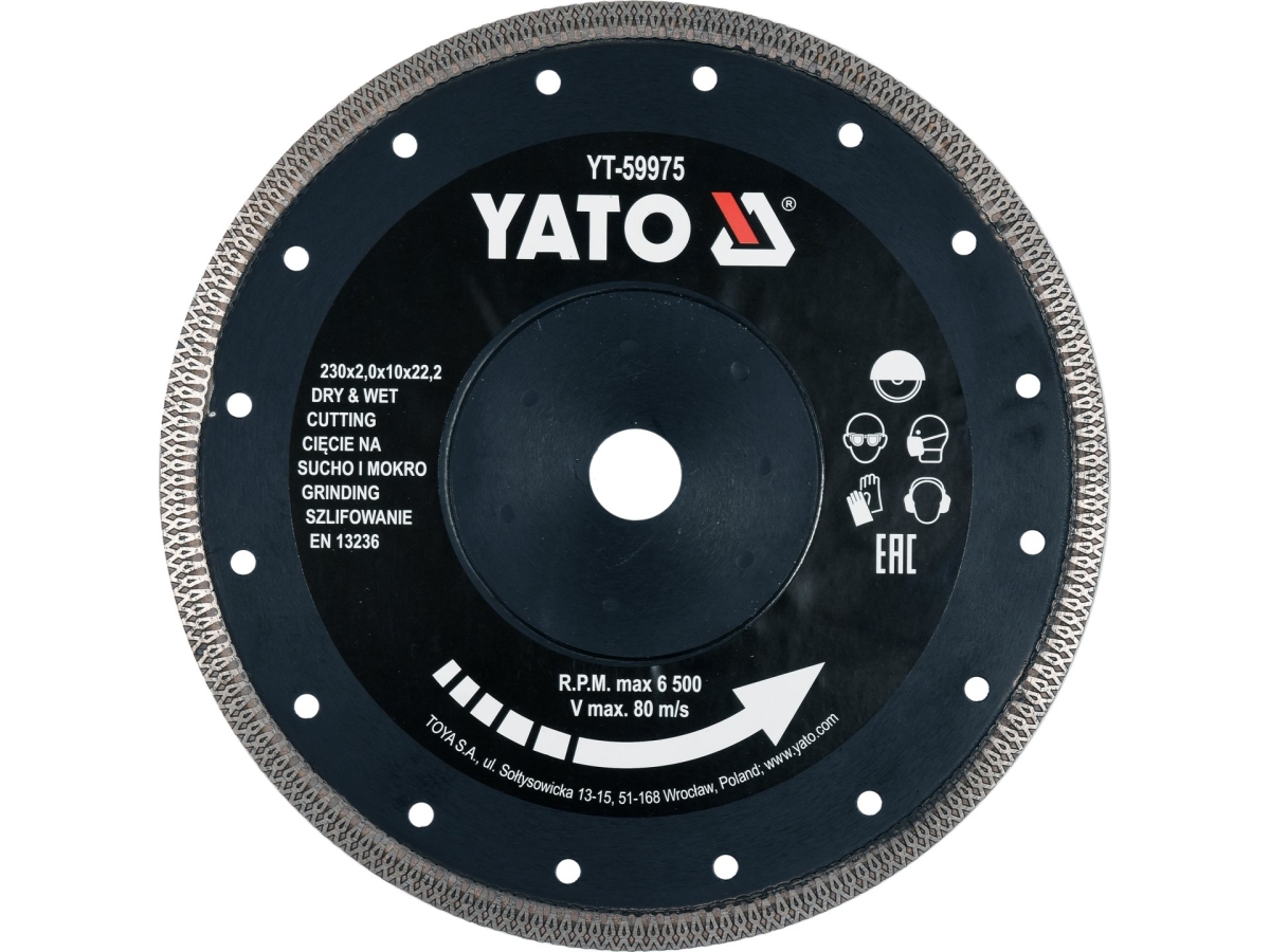 Tarcza diamentowa do cięcia płytek, czarna, z oznaczeniem rozmiaru 230 mm YATO YT-59975