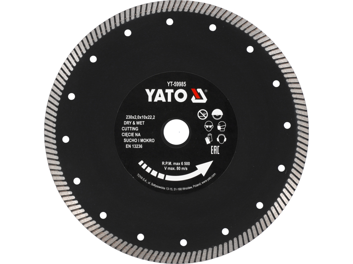 Tarcza diamentowa turbo do gresu i ceramiki, czarna, z napisem i oznaczeniami YATO YT-59985