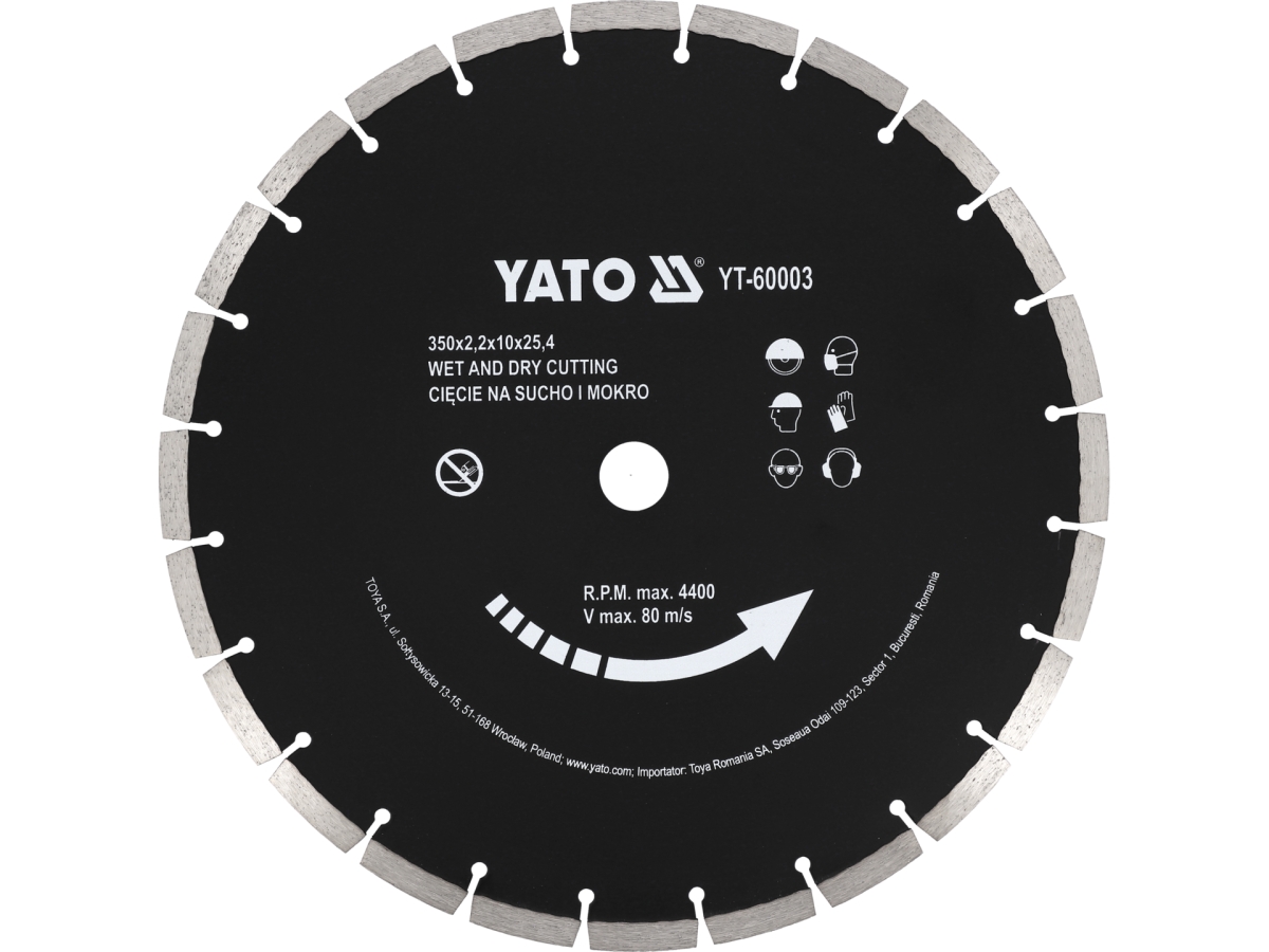 Tarcza diamentowa do betonu 350 mm cięcie na sucho i mokro czarna YATO YT-60003