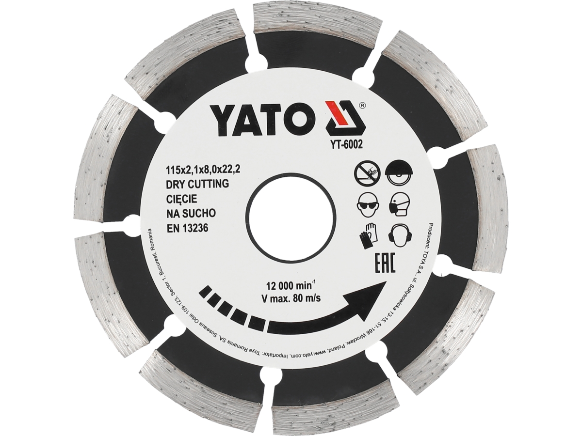 Tarcza diamentowa segmentowa 115 mm z białą etykietą i logo YATO YT-6002