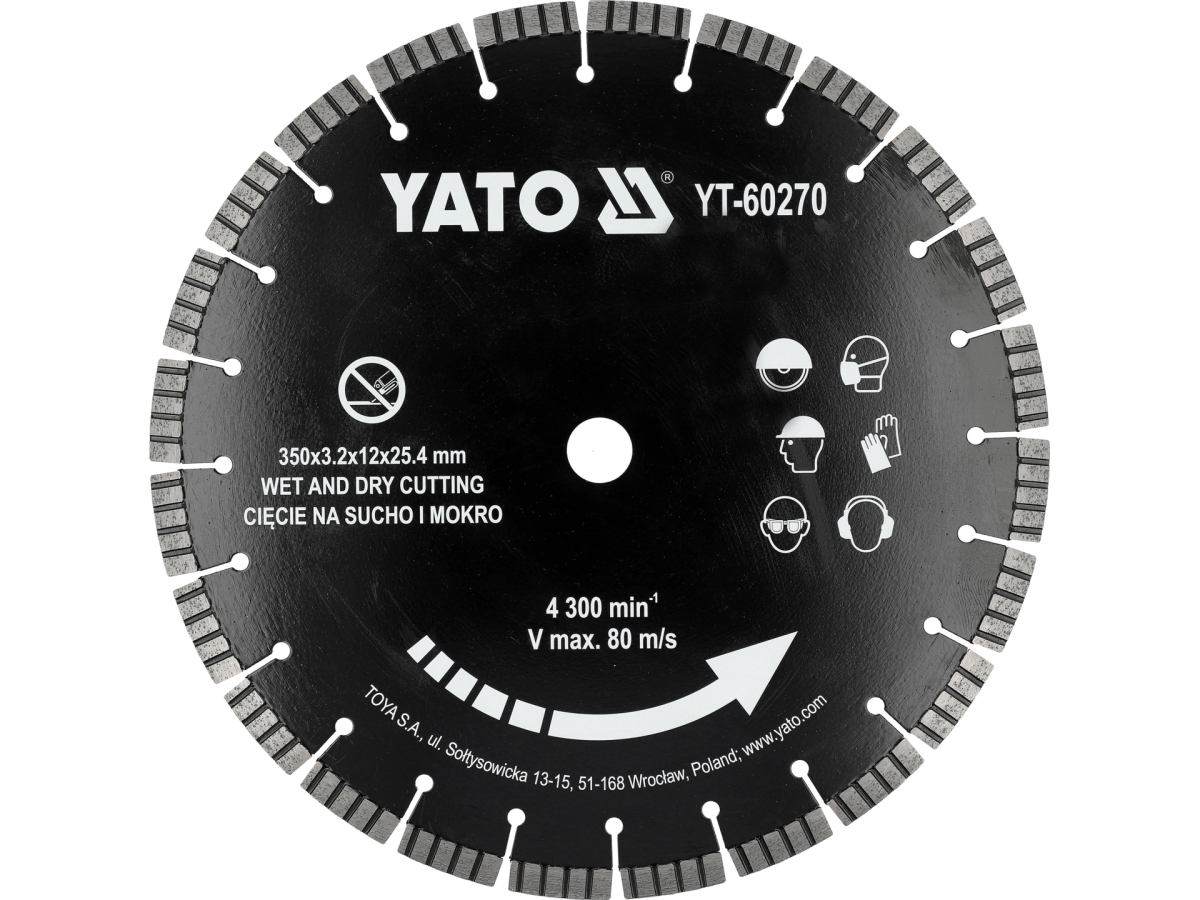 Tarcza diamentowa do betonu 350 mm z segmentami, czarna, widok z przodu YATO YT-60270