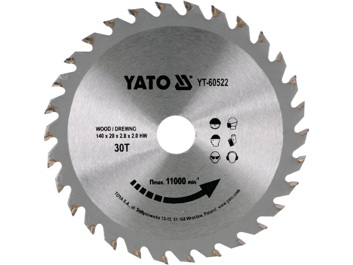 Tarcza do cięcia drewna 140 mm z 30 zębami, srebrna, widok z przodu YATO YT-60522