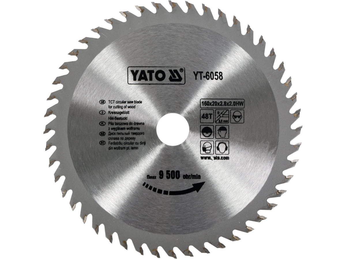 Piła tarczowa widiowa do drewna 160 mm, 48 zębów, srebrna tarcza z napisem YATO YT-6058