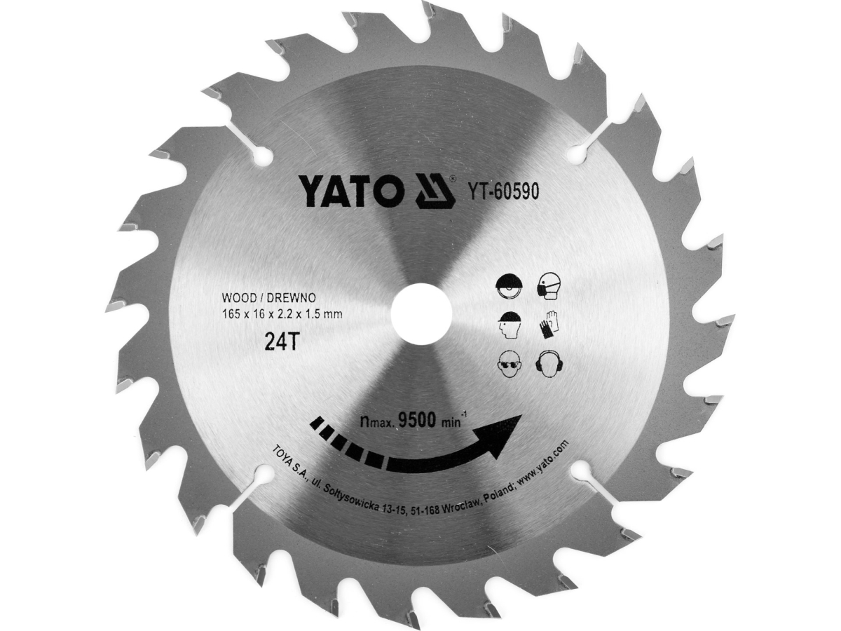 Tarcza widiowa do drewna 165 mm, 24 zęby, widok z przodu YATO YT-60590