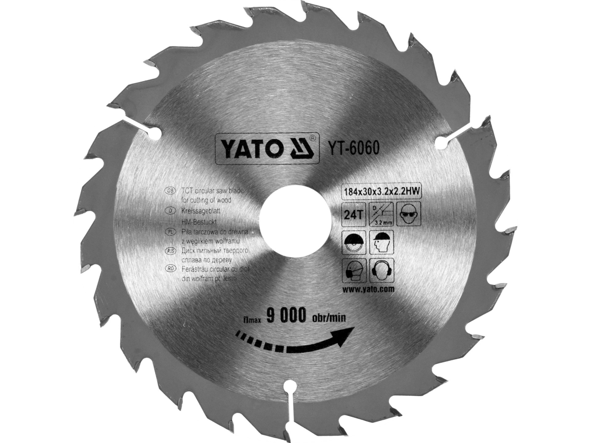 Piła tarczowa widiowa do drewna 184x30 mm 24 zęby, tarcza srebrna z napisem YATO YT-6060