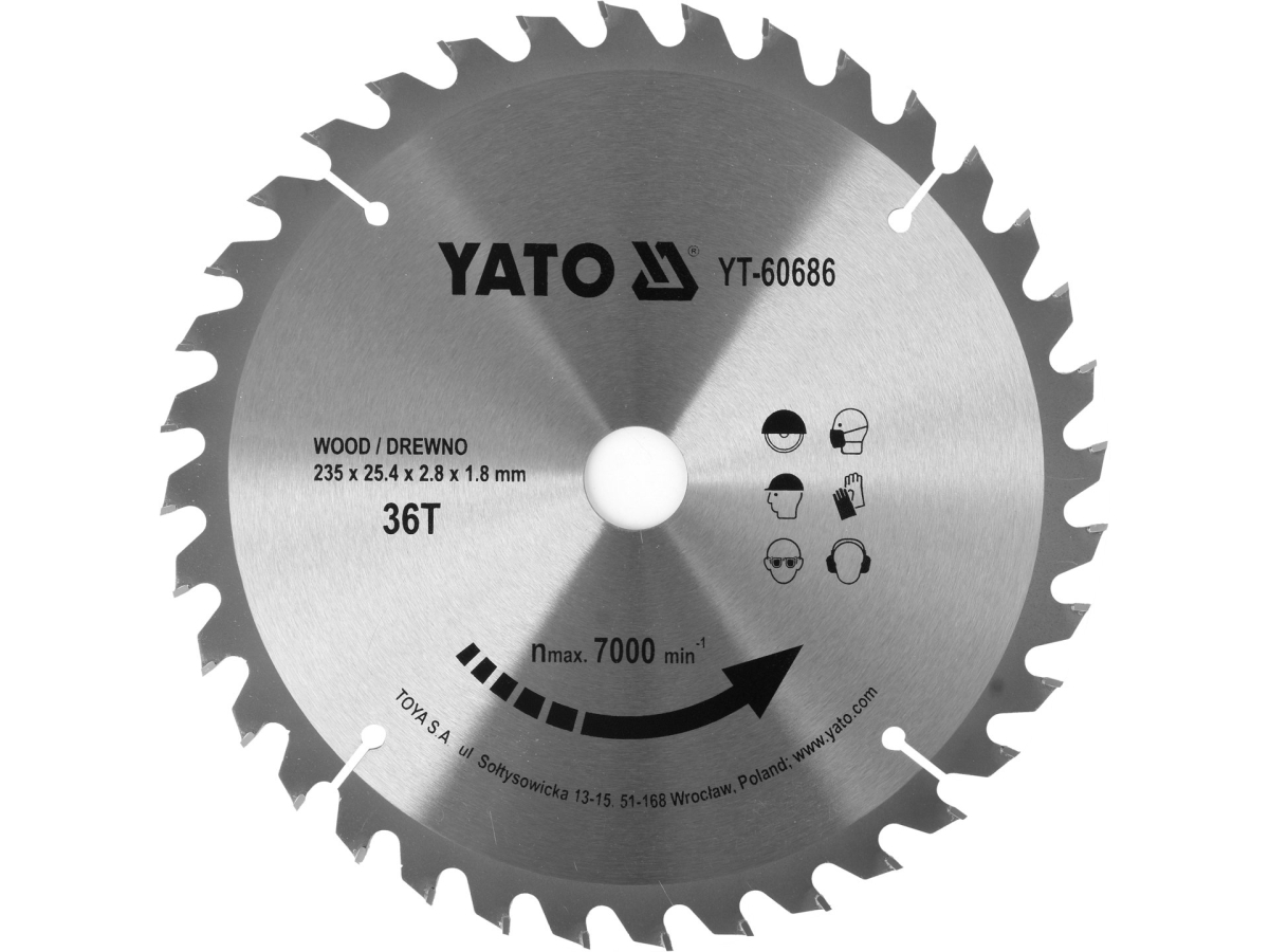 Tarcza do piły tarczowej do drewna 235 mm 36 zębów szara srebrna YATO YT-60686