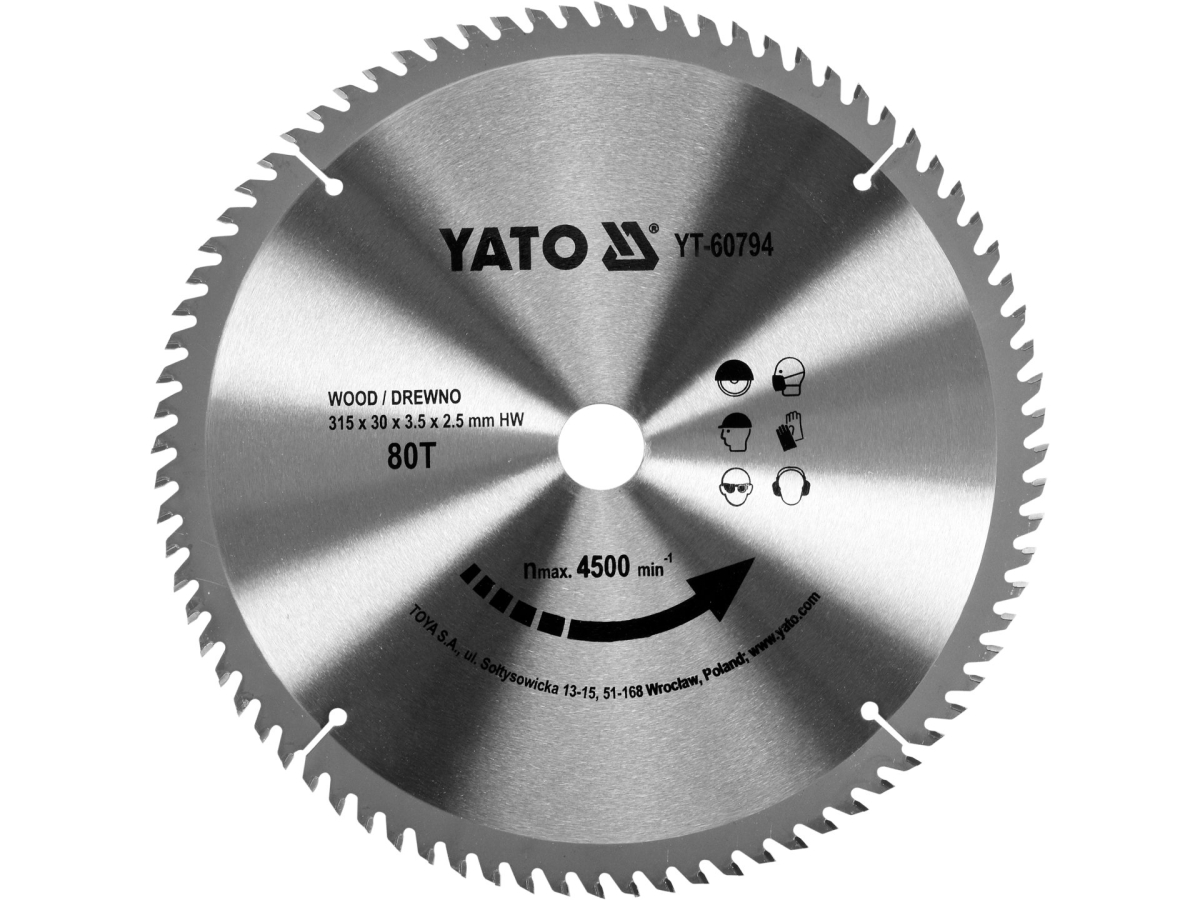 Tarcza widiowa do drewna 315 mm, 80 zębów, widok z przodu YATO YT-60794