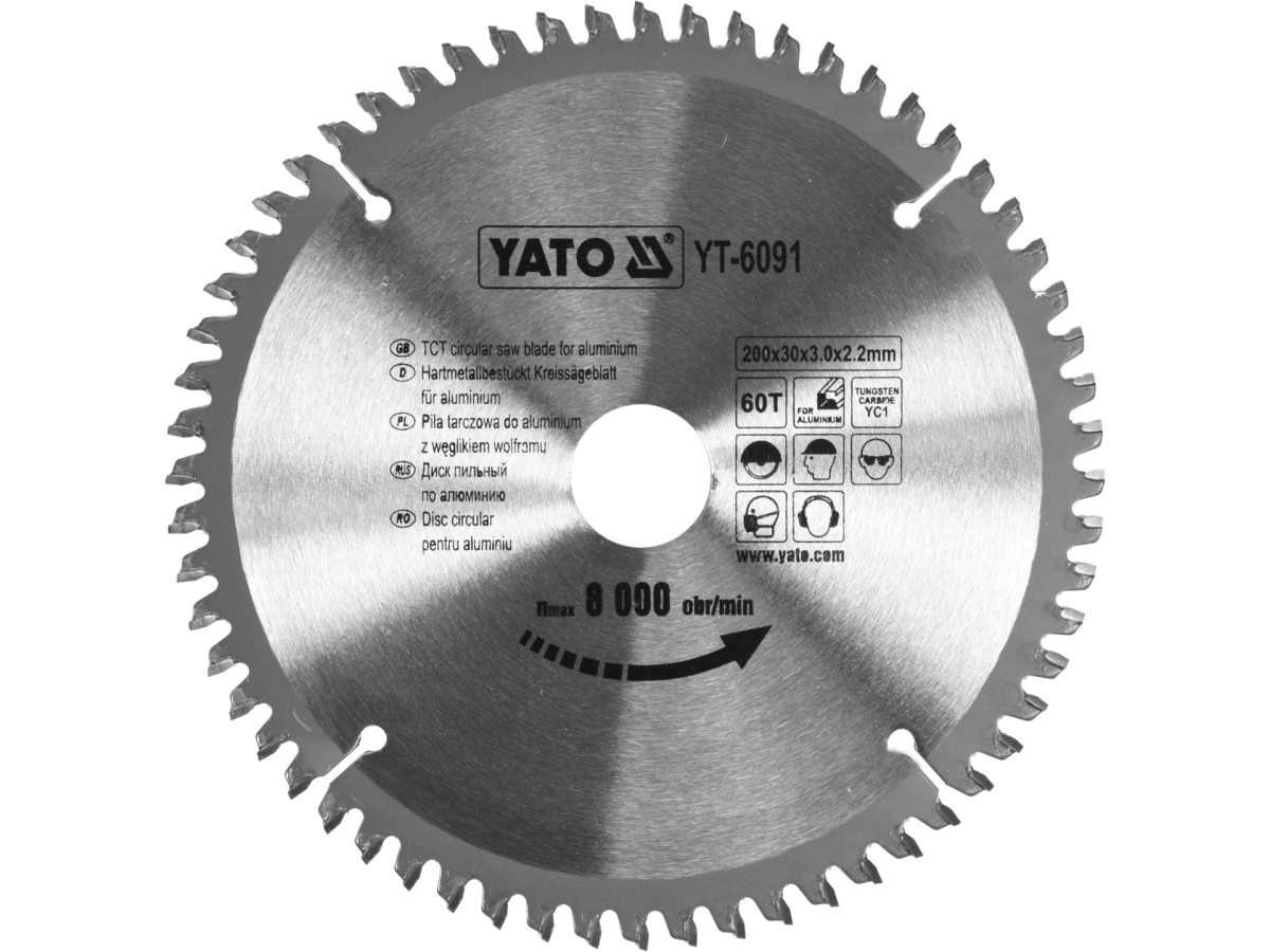 Tarcza widiowa do aluminium 200 mm 60 zębów, widok z przodu, żółty opis, otwór 30 mm YATO YT-6091